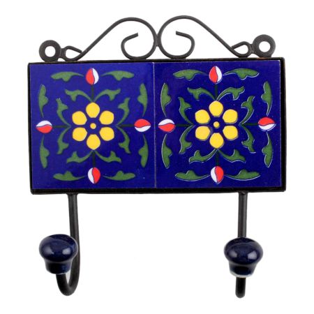 Navy Blue Yellow Floral Tiles Hooks